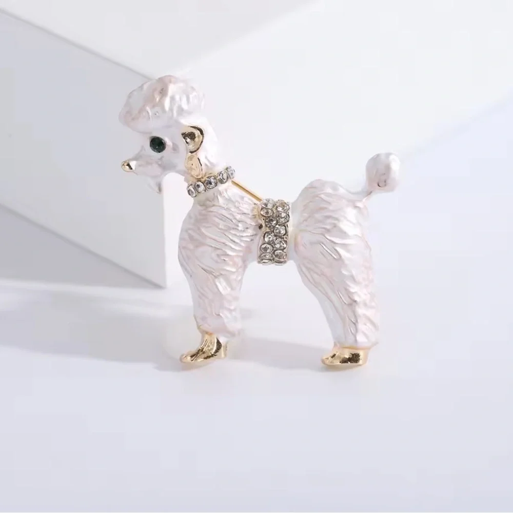 White Poodle Gold Crystal Brooch